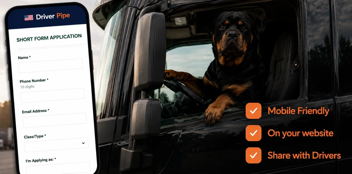 DriverPipe mobile short-form application open on a phone beside a driver in a truck cab, highlighting mobile friendly, on your website, and share with drivers