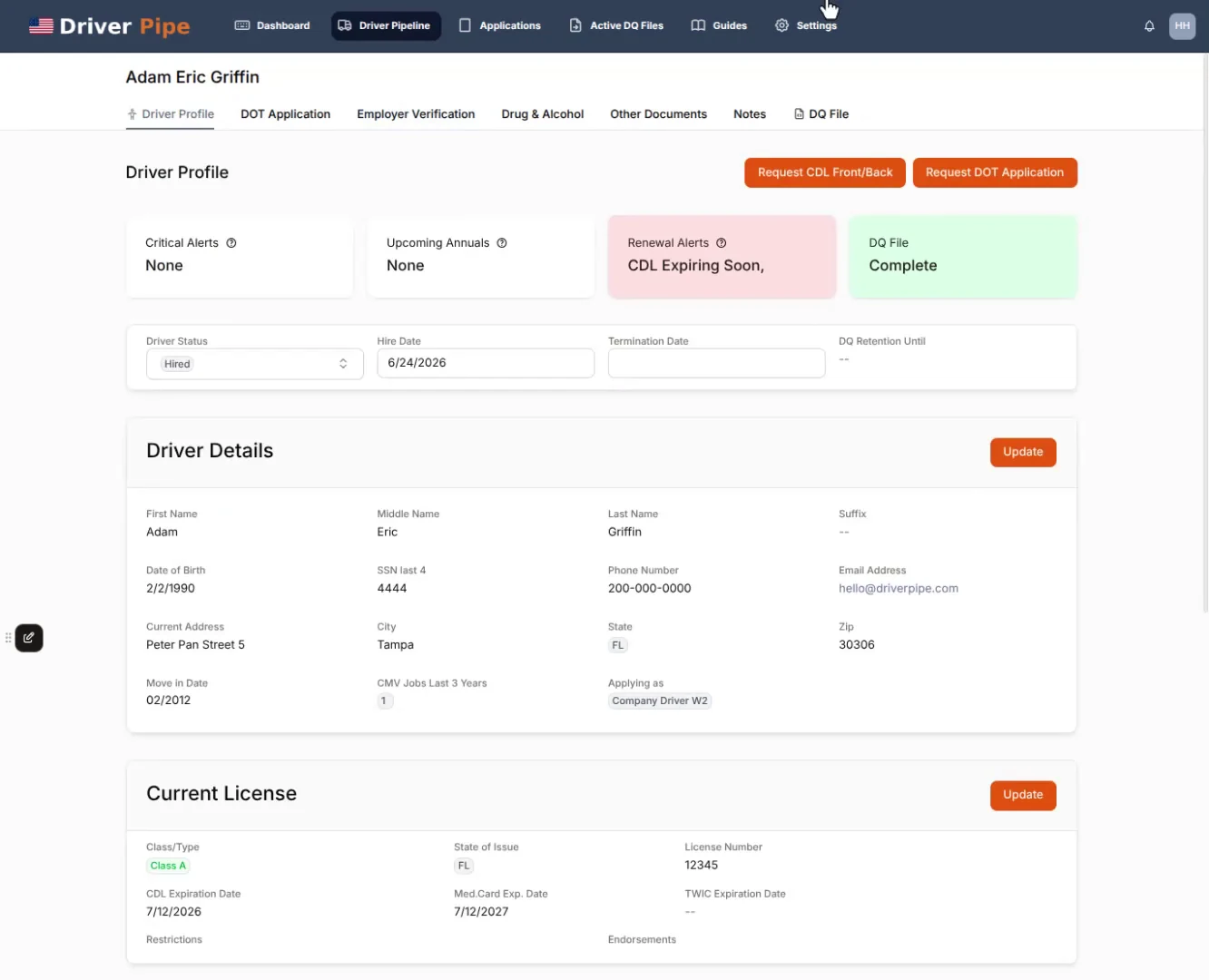 DriverPipe driver profile showing a complete, audit-ready DQ file
