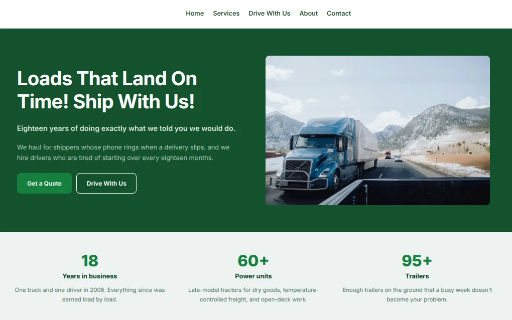 Trucking website design in a green color scheme