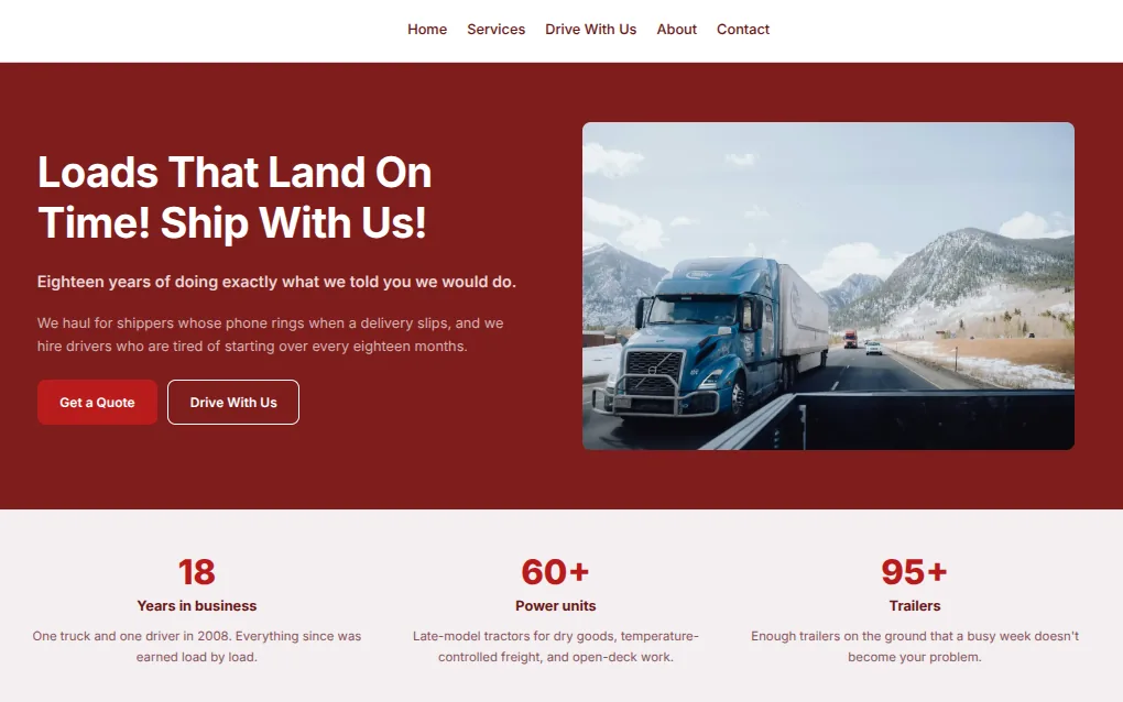 Trucking website design in a maroon color scheme