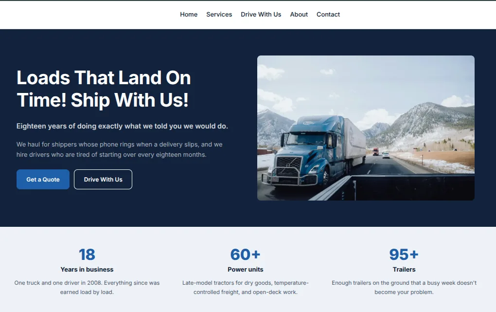 Trucking website design in a navy color scheme