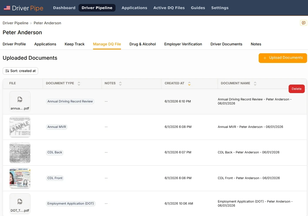DriverPipe DQ file management showing uploaded documents including CDL front and back, annual MVR, driving record review, and DOT employment application for a driver