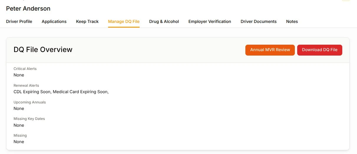 Driver Pipe Manage DQ File screen showing the DQ file overview with critical alerts, renewal alerts, upcoming annuals and missing key dates, plus the uploaded documents list and a download DQ file button for a CDL driver
