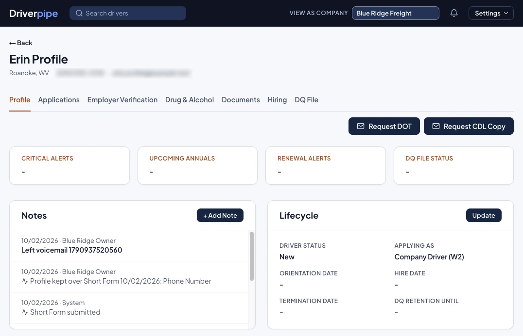 Driverpipe applicant tracking for trucking companies: driver profile with alerts, notes and hiring lifecycle