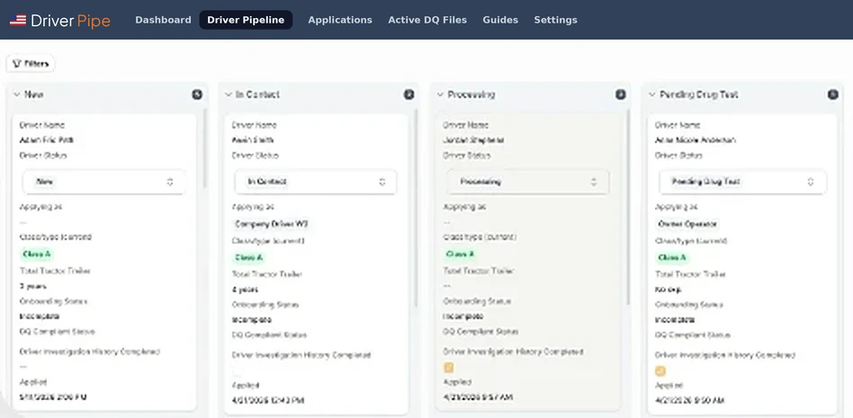 DriverPipe recruiting pipeline showing driver applicants organized by hiring stage with drag-and-drop columns