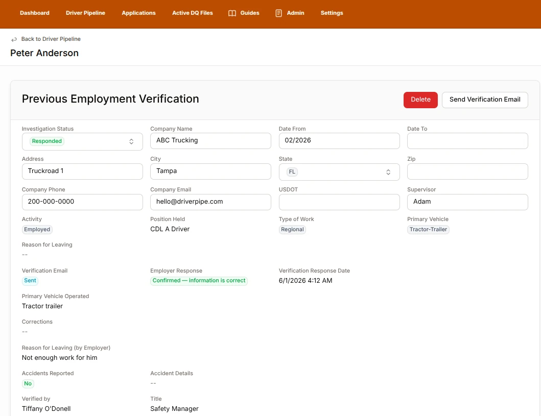 DriverPipe previous employment verification record showing a confirmed employer response, employment dates, accidents reported, and verifier details for a CDL driver