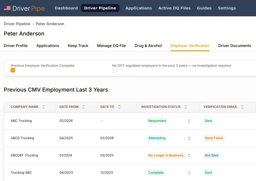 DriverPipe previous employer verification table showing previous CMV employers, investigation status, and verification email status for a CDL driver