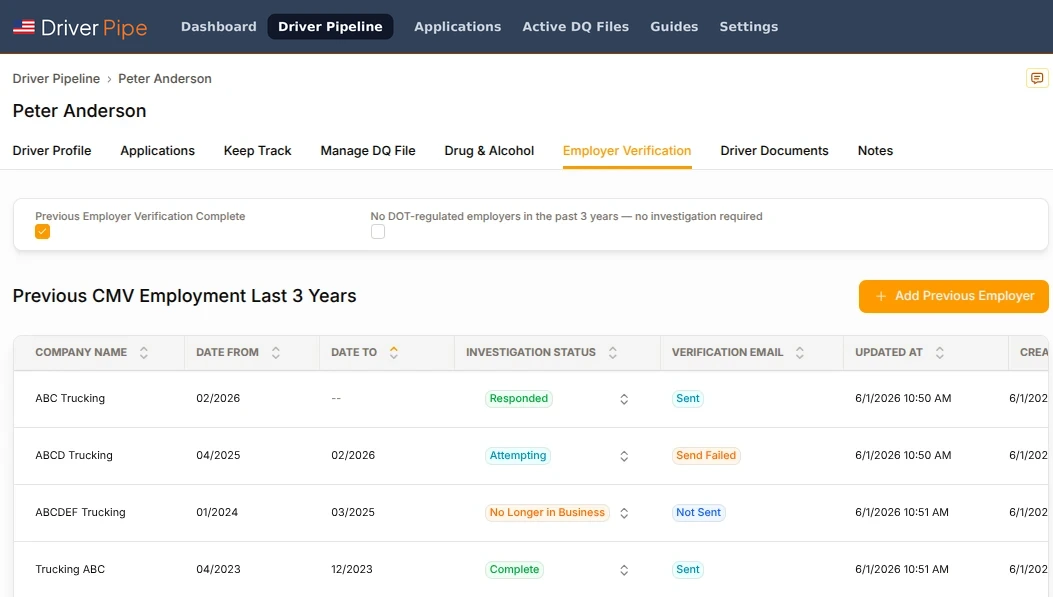 DriverPipe previous employer verification table showing previous CMV employers, investigation status, and verification email status for a CDL driver